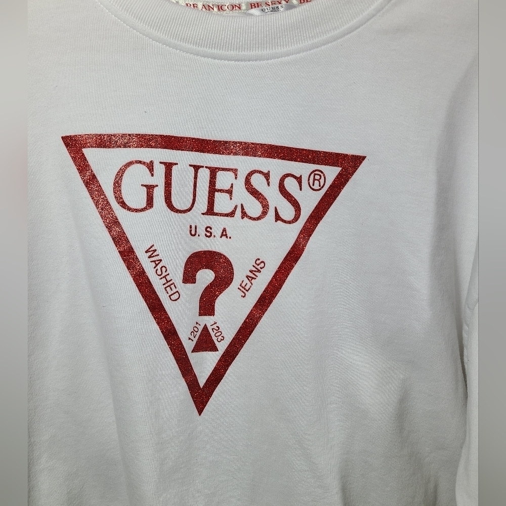White guess red sparkle crop sweater- Small - Picture 2 of 3